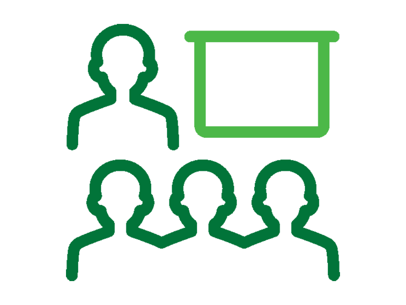 Graphic of a presenter with a screen on the right and three audience members.